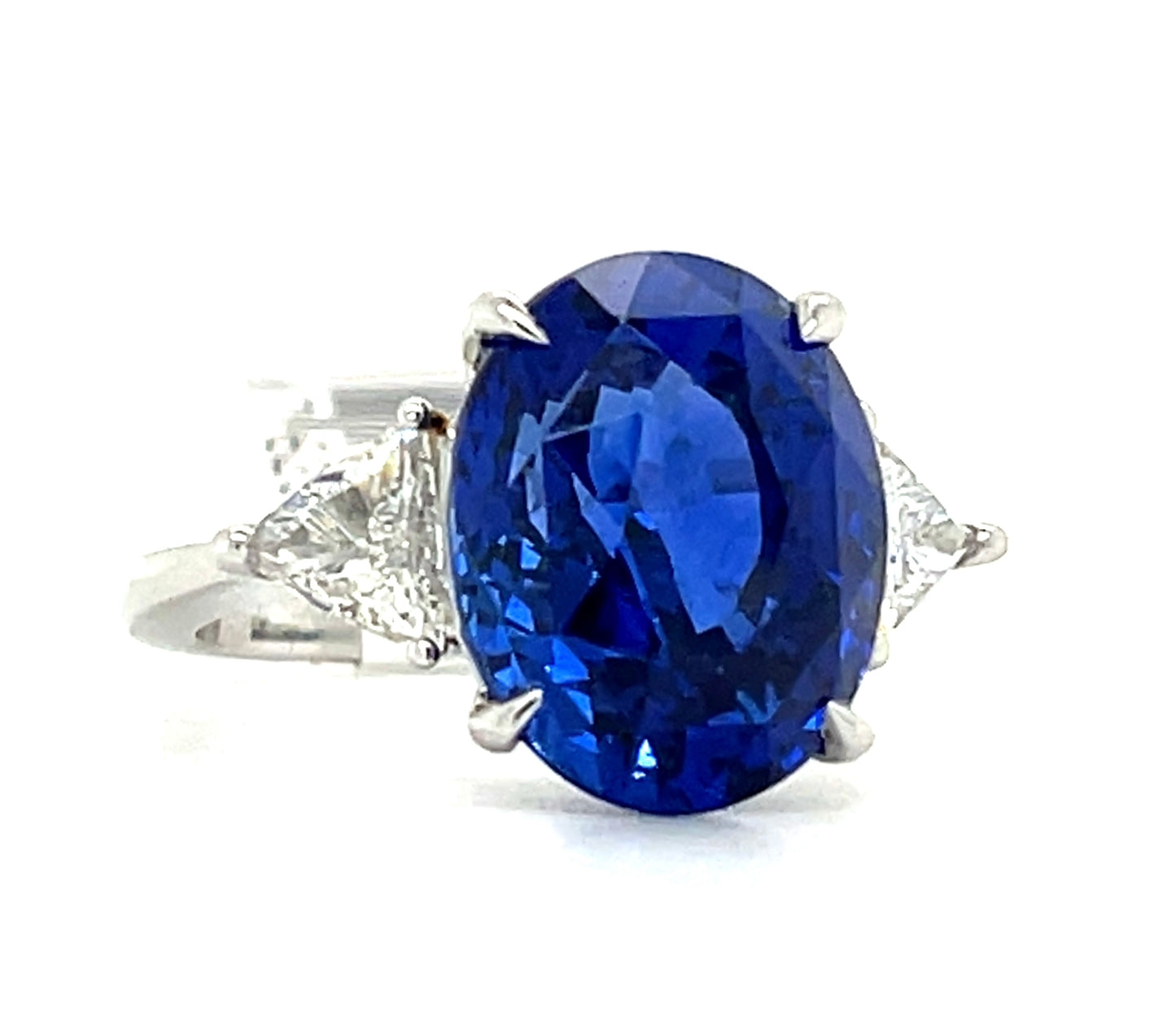9.96ct Heated Blue Sapphire Oval Shape Platinum Ring .60ct Trillion Cut Diamonds