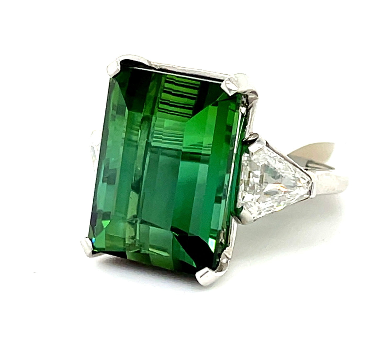29.52ct Green Emerald Cut Tourmaline Platinum Ring 1.90ct Diamonds