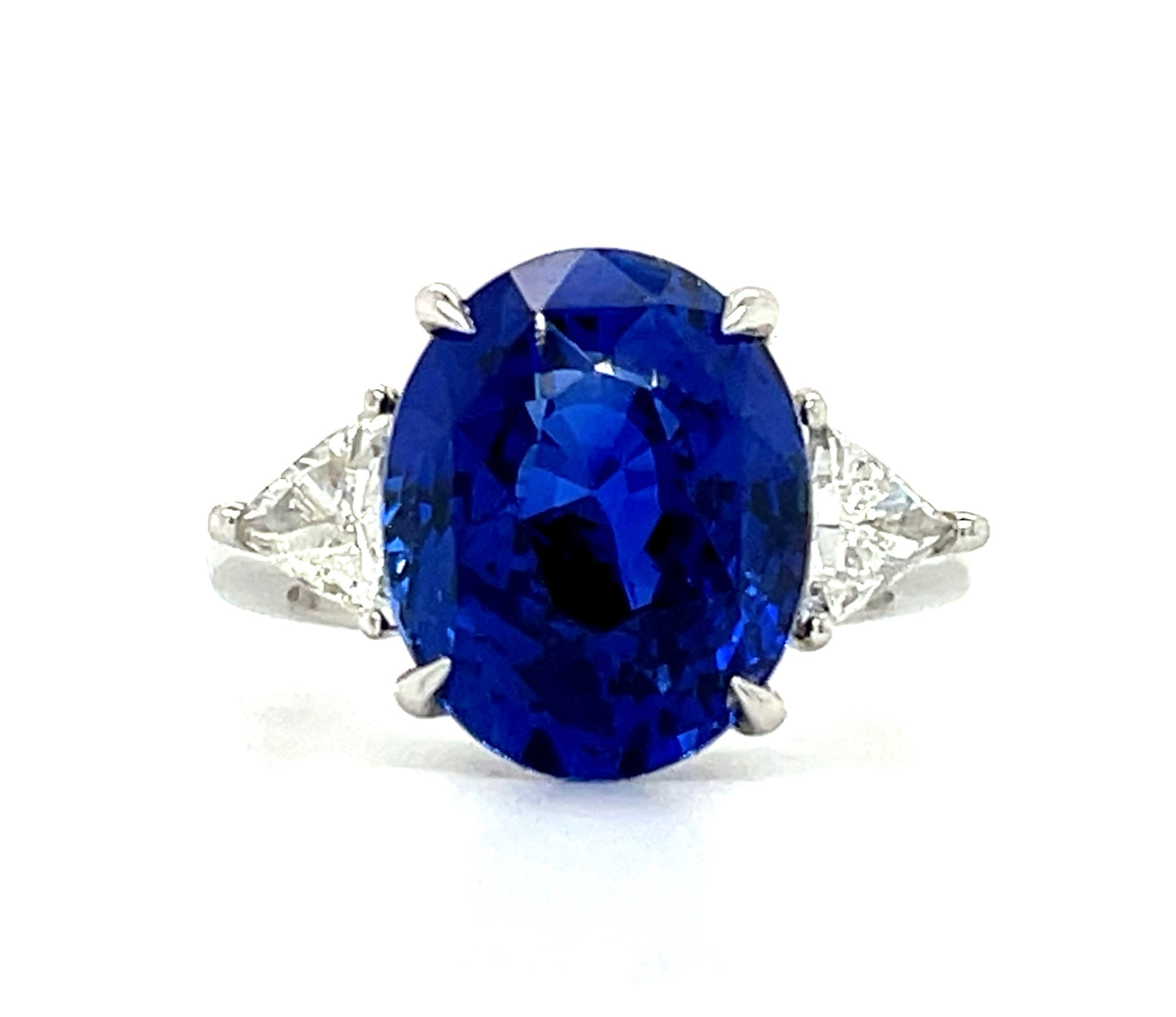 9.96ct Heated Blue Sapphire Oval Shape Platinum Ring .60ct Trillion Cut Diamonds