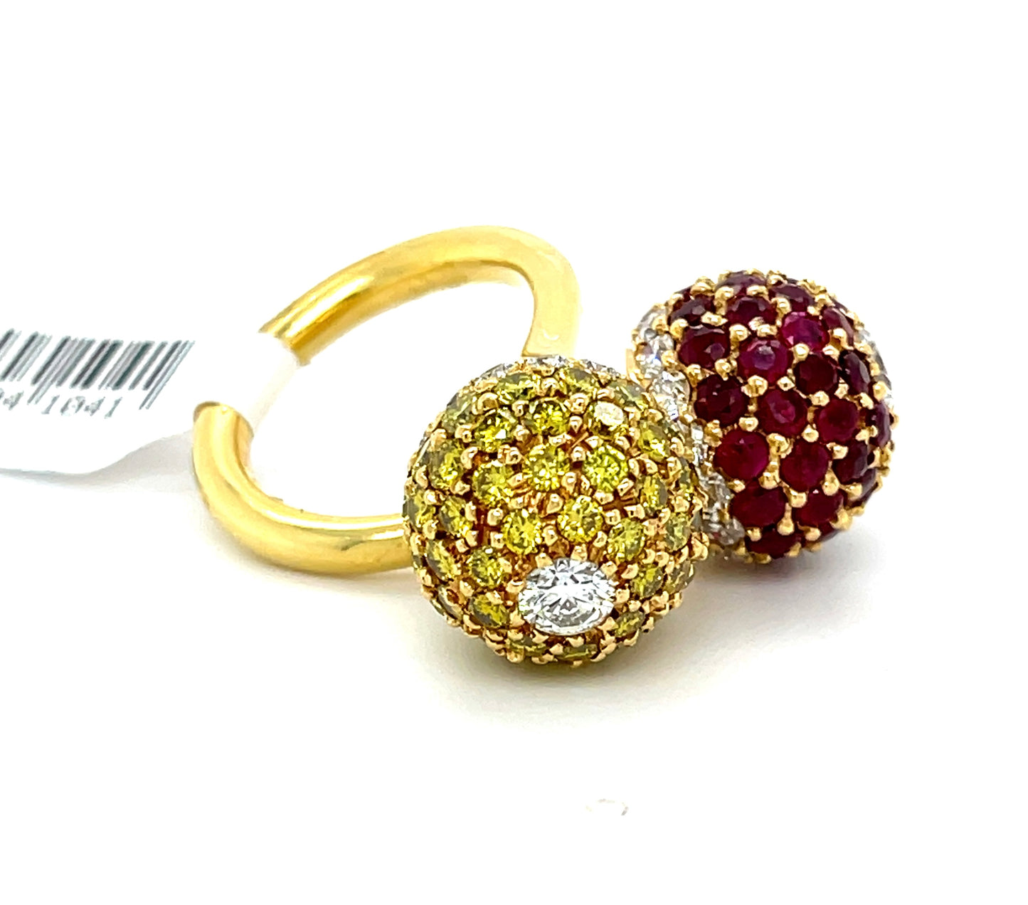 Cross Over Sphere 18KY Ring 2.68ct Diamonds 3.60ct Rubies 3.56ct Yellow Diamonds