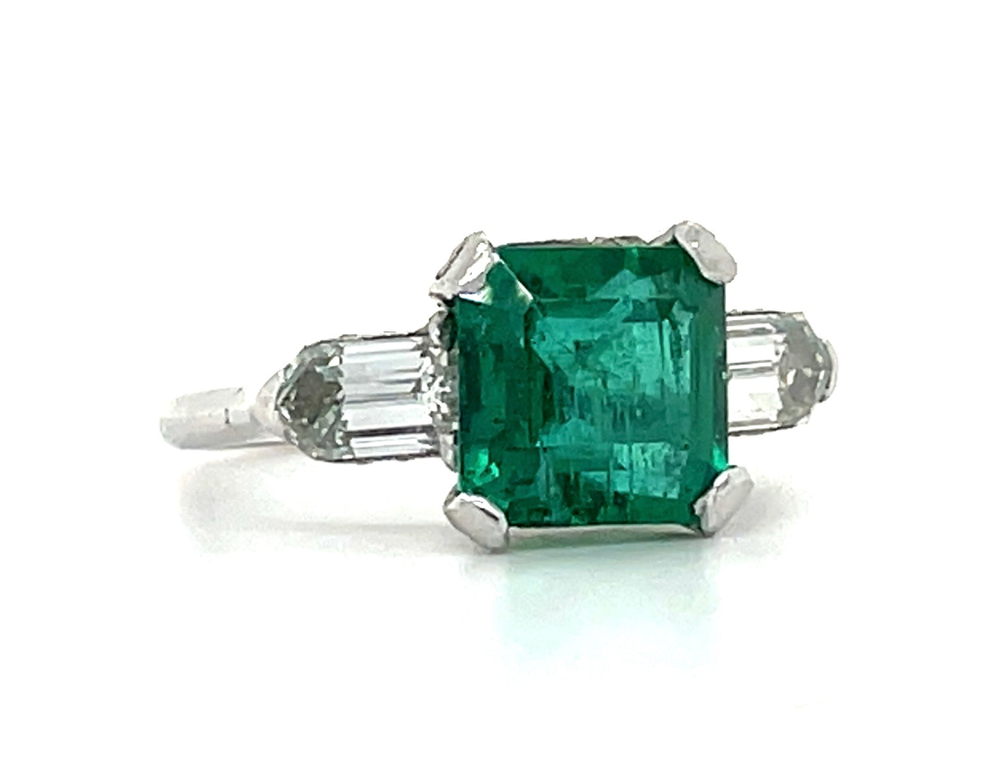 Art Deco 2.95ct Emerald Platinum Ring (Circa 1930s) .80ct Bullet Diamonds .34ct Side Diamonds