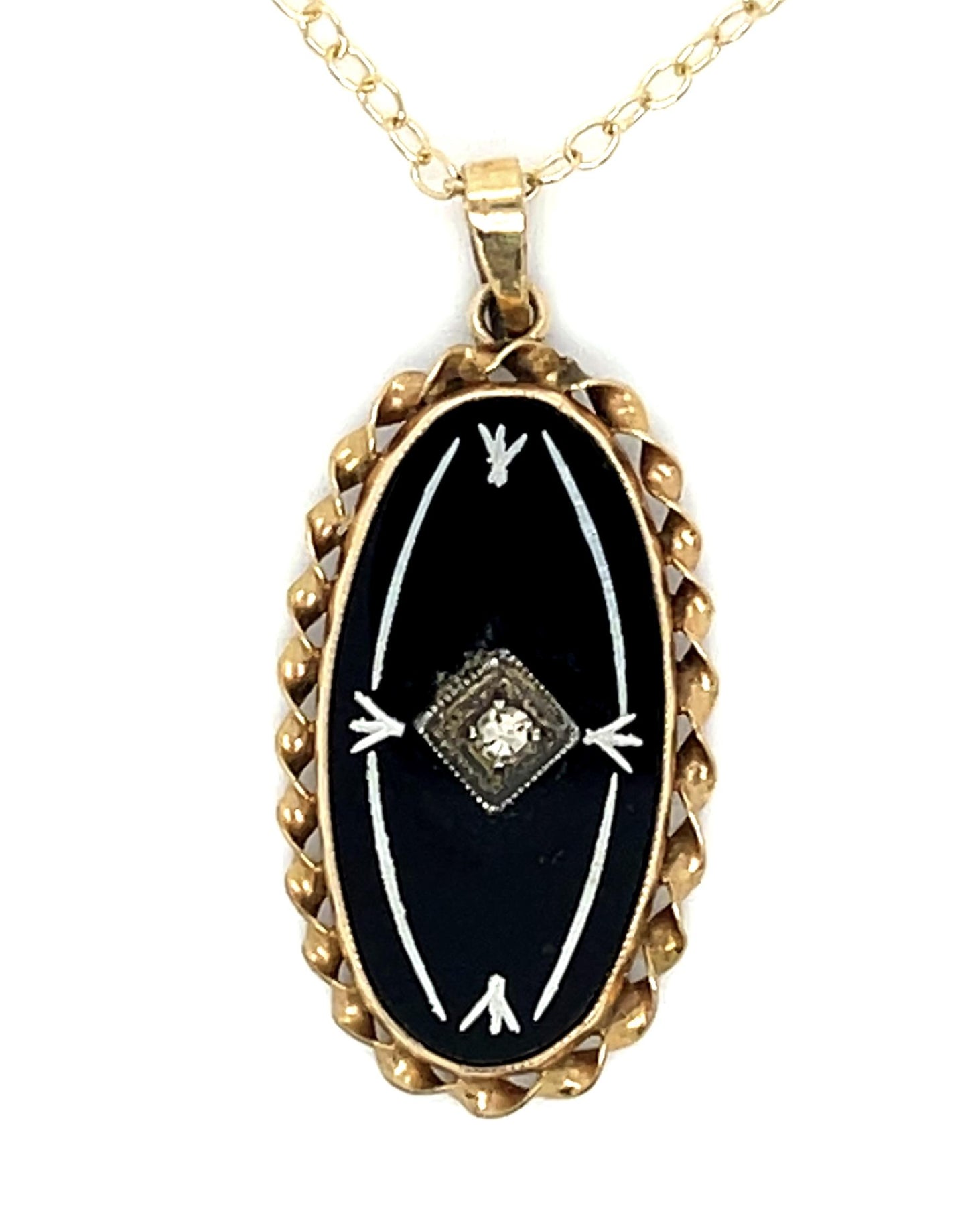 Original Art Deco .05ct Diamond Onyx 14KY Pendant (Antique 1920s) 2.60g 16"