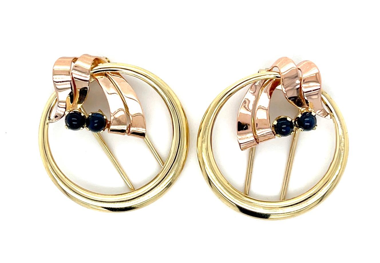 Cartier Original Retro 1ct Sapphire 14KY Pink+Yellow Pair of Brooch 1940s
