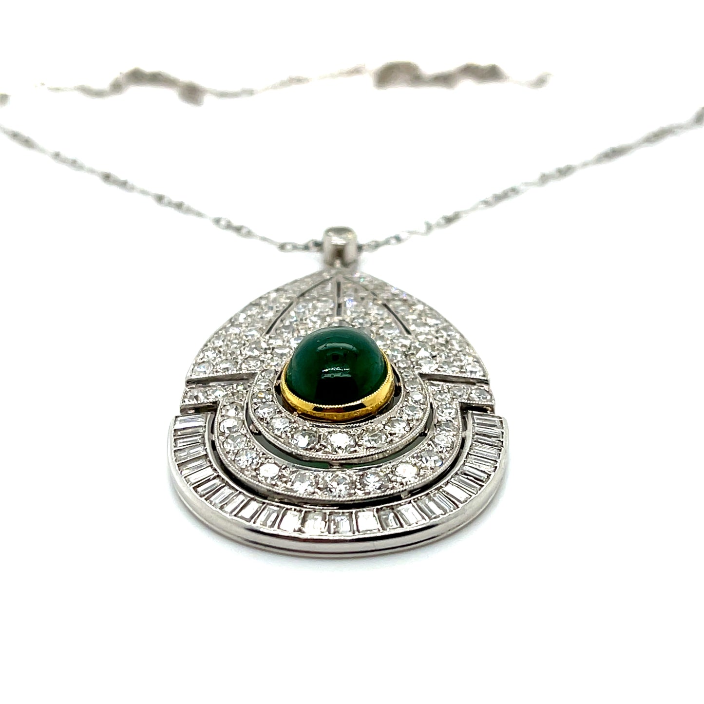 Art Deco (Circa 1930s) 2.75ct Cabochon Emerald Vintage Platinum Pendant 4.50ct Baguette, Single Cut and Old European Cut Diamonds