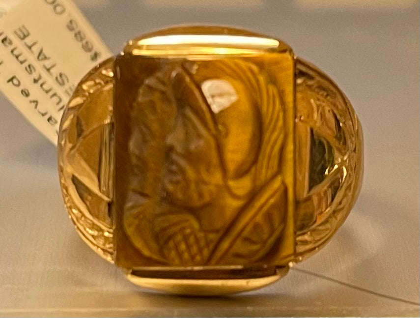 10KY Victorian Carved Tiger's Eye "Two Face" Huntsman Ring Circa 1890s