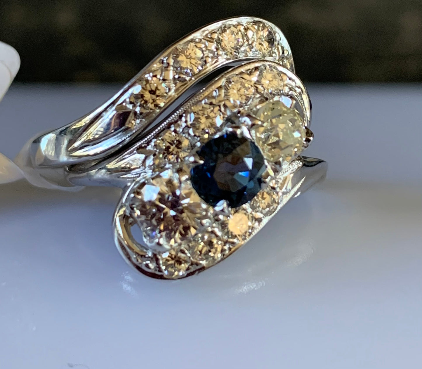 Estate 0.63ct Sapphire & 0.70ctw Diamond 14KY White Gold Ring Circa 1940s Size