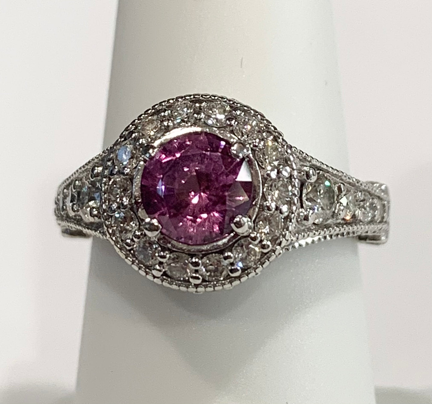 Estate 1.26ct Pink Sapphire & 1.10ctw Diamond 18KY White Gold Ring Size 6.50