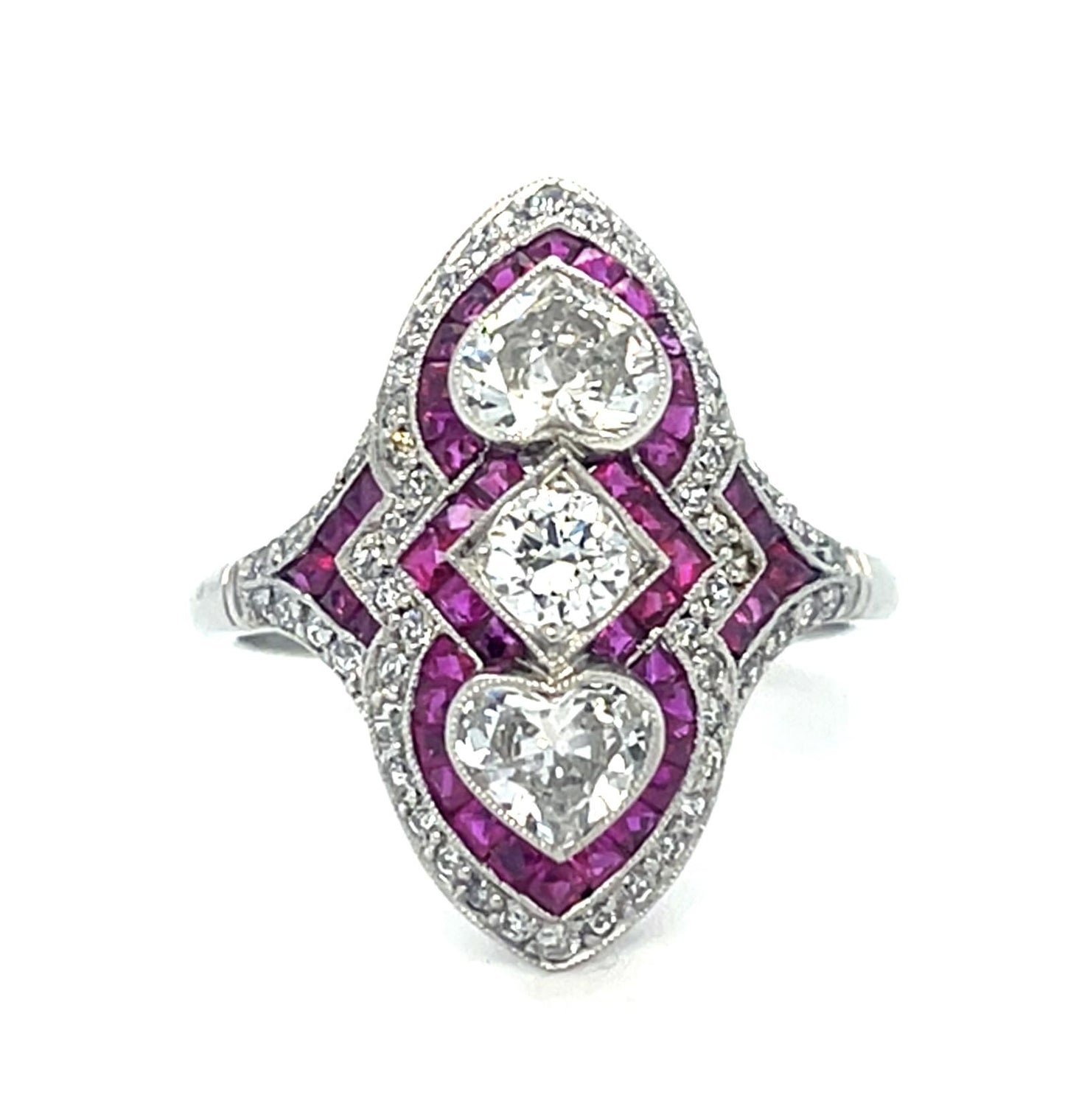 .94ct Heart and Round Diamonds 1.42ct Ruby Platinum Handmade Ring .74ct SD 5.30g