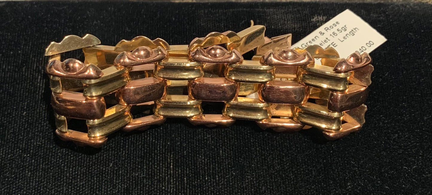 10K 2TONE Green & Rose Gold Retro Bracelet 16.5gr Circa 1940s ESTATE Length 6.7