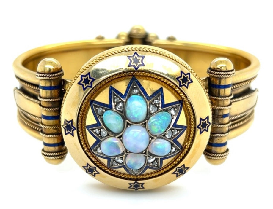 18KY Opal, Enamel & Diamond Victorian Bangle Bracelet 63.8gr 2ct(op) 0.70ct(dia)