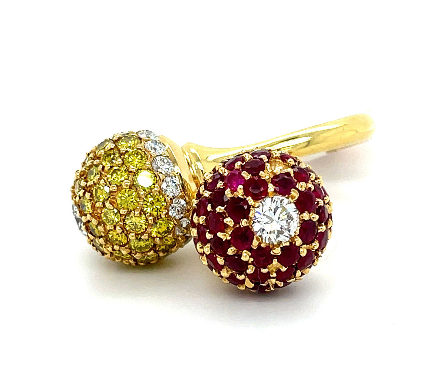 Cross Over Sphere 18KY Ring 2.68ct Diamonds 3.60ct Rubies 3.56ct Yellow Diamonds