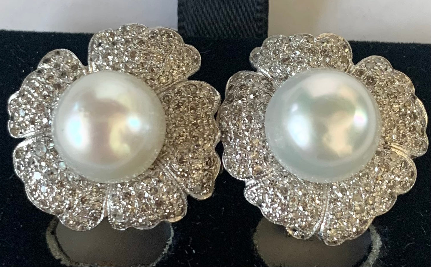 Pearl & 2.50ctw Diamond 14KY White Gold Earrings (Vintage 1950s)