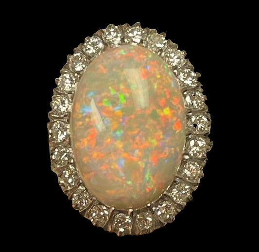 13.11ct Australian Fire Opal 1.35ct Diamonds Platinum Handmade Ring