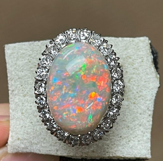 13.11ct Australian Fire Opal 1.35ct Diamonds Platinum Handmade Ring
