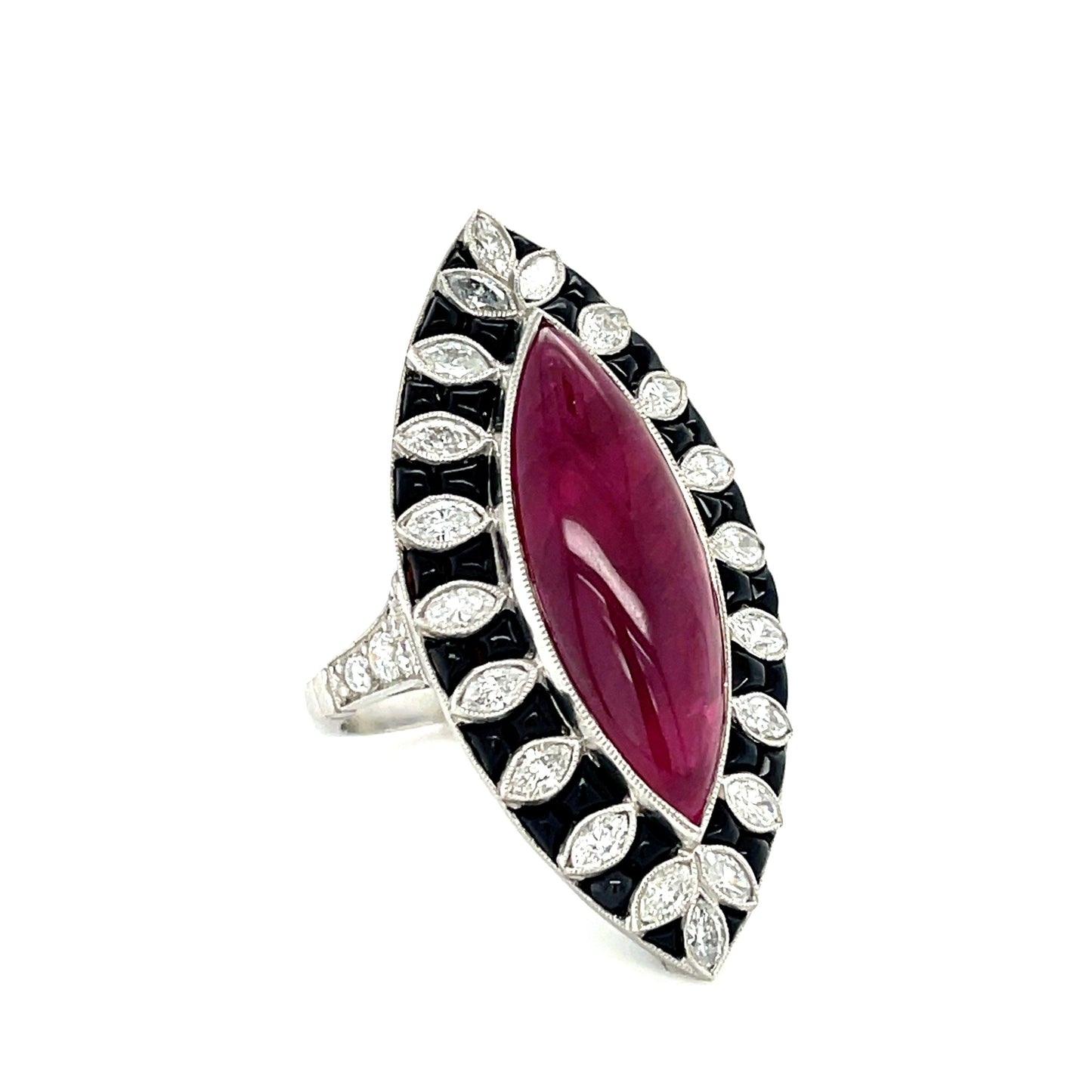 13.50ct Cab Ruby Marquise Platinum Handmade Ring 1.46ct Old European Cut Diamond