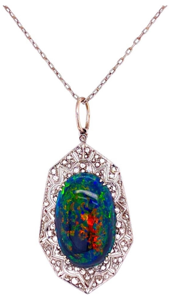 PT diamond Australian black opal Art Deco Pendant Opal 9.28ct dia.90ct 1920s