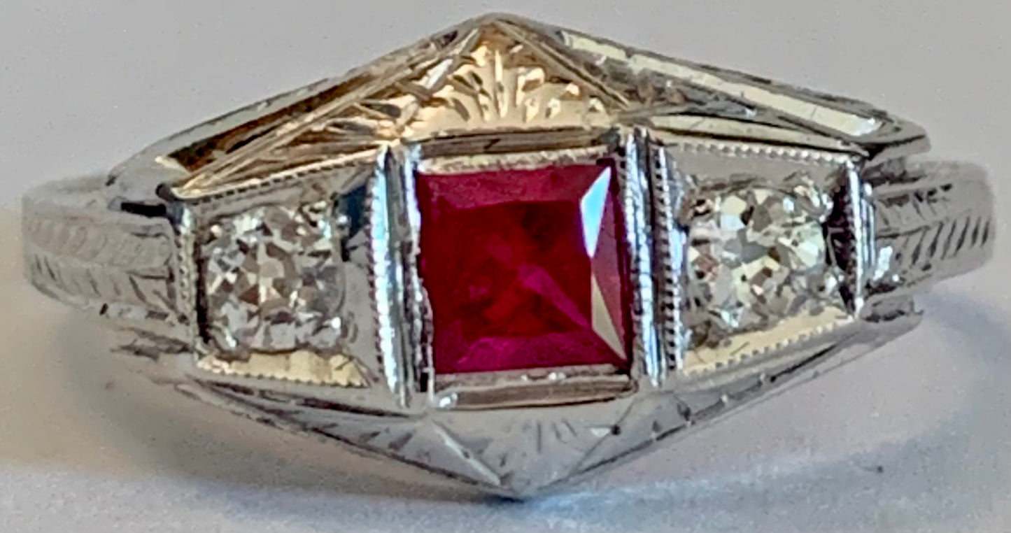 Original Art Deco .40ct Ruby .18ct Diamond PT Ring (Antique 1920s)