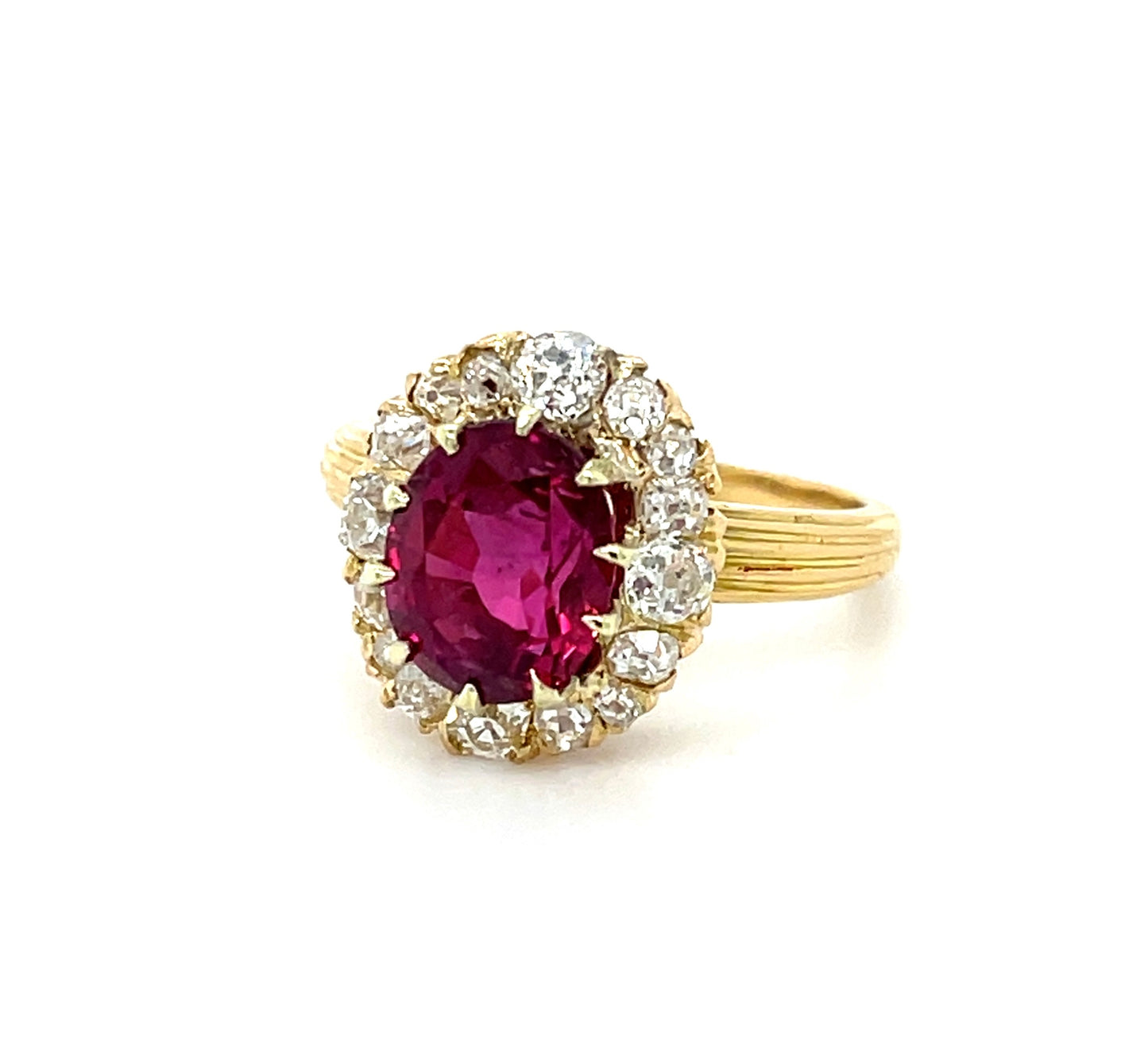 Victorian (Circa 1890s) 3.28ct GIA Thailand Heated Ruby 1ct Old Mine Cut Diamonds 18KY Antique Ring