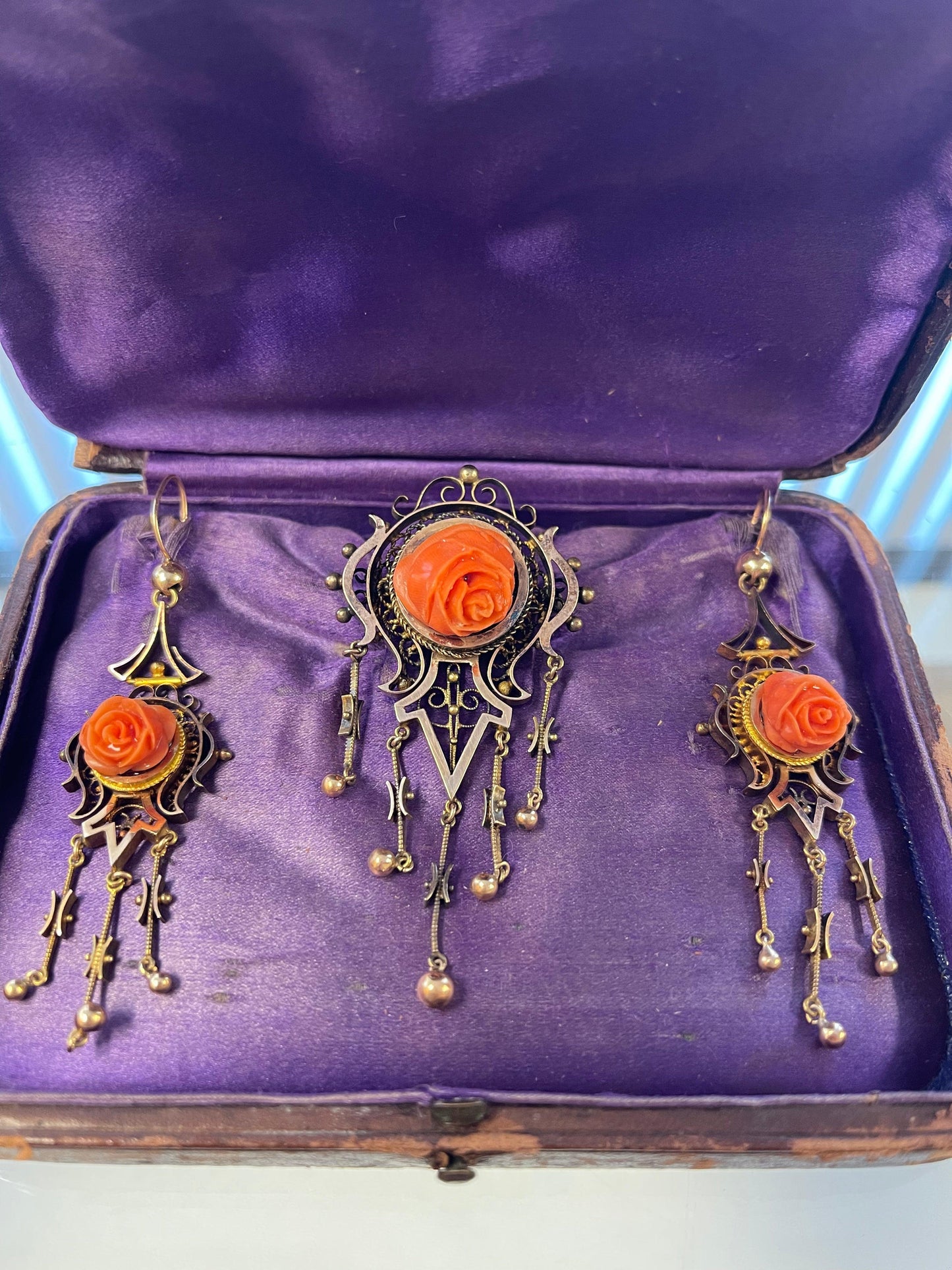 Victorian Set of Antique Brooch and Earrings set in 14K Rose Motif Orangish Red