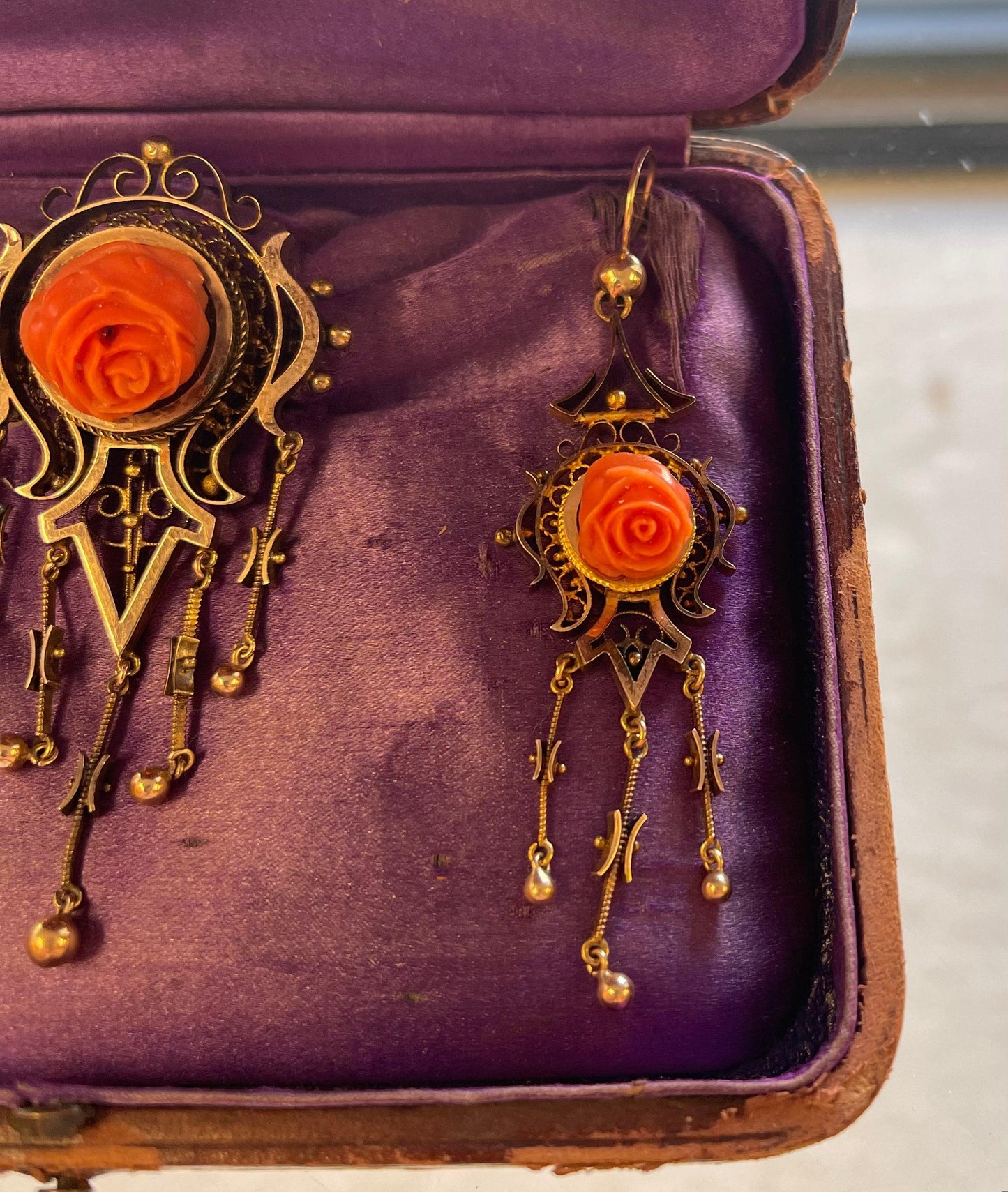 Victorian Set of Antique Brooch and Earrings set in 14K Rose Motif Orangish Red
