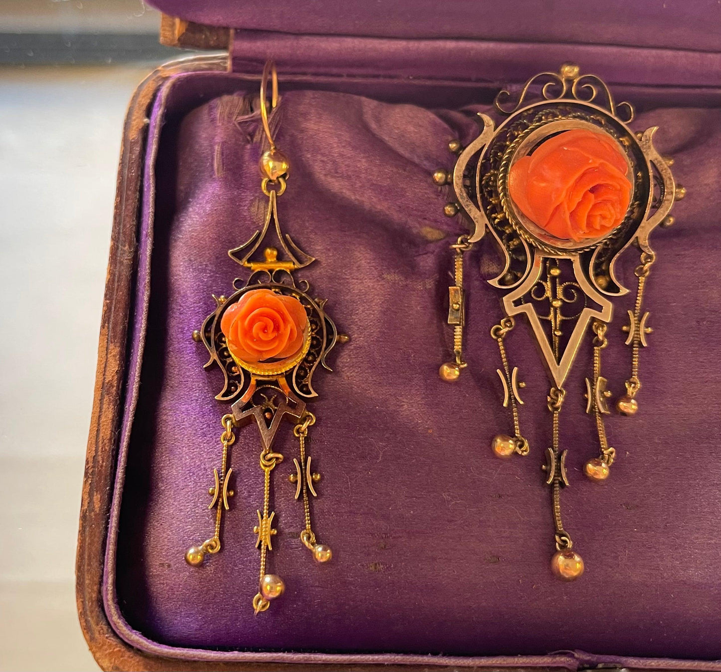 Victorian Set of Antique Brooch and Earrings set in 14K Rose Motif Orangish Red
