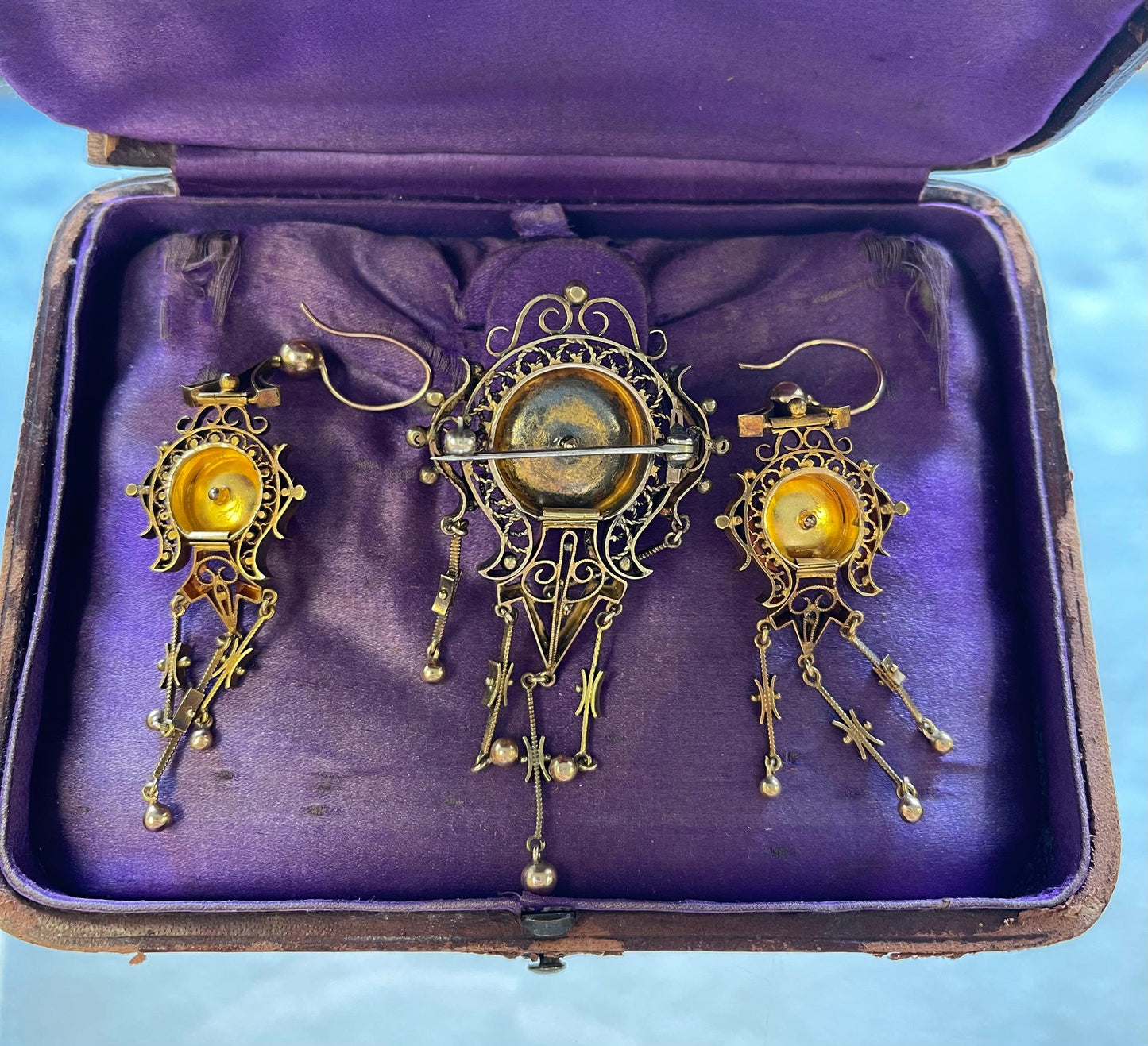 Victorian Set of Antique Brooch and Earrings set in 14K Rose Motif Orangish Red