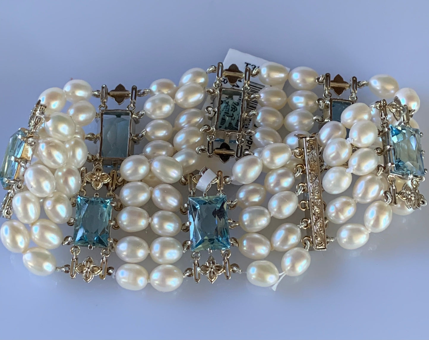 14KW Brazilian Aquamarine & Pearl Bracelet 28.00ct(aq) Circa 1950s
