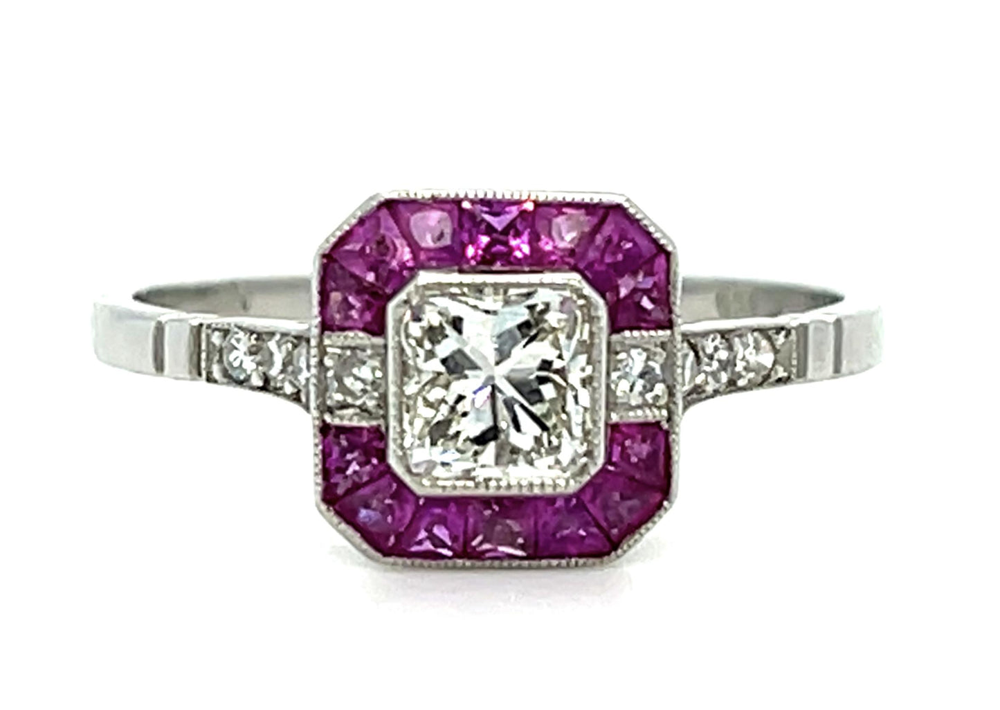 .55ct Princess Diamond .56ct Ruby Platinum Handmade Ring 2.50g 7.25 Size