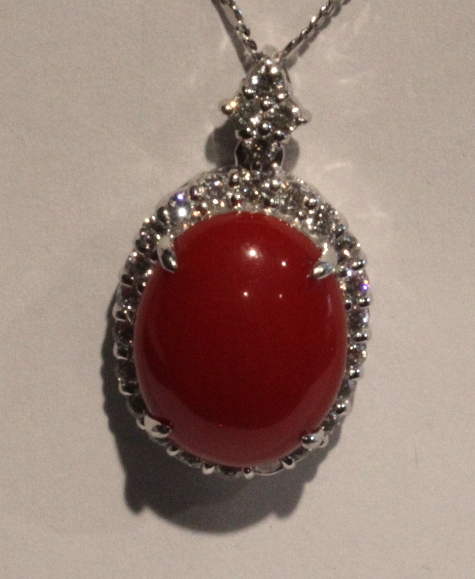 18KW Red Coral & Diamond Pendant 9.7gr 15.00ct(cor) 0.88ct twt(dia) ESTATE 14KY