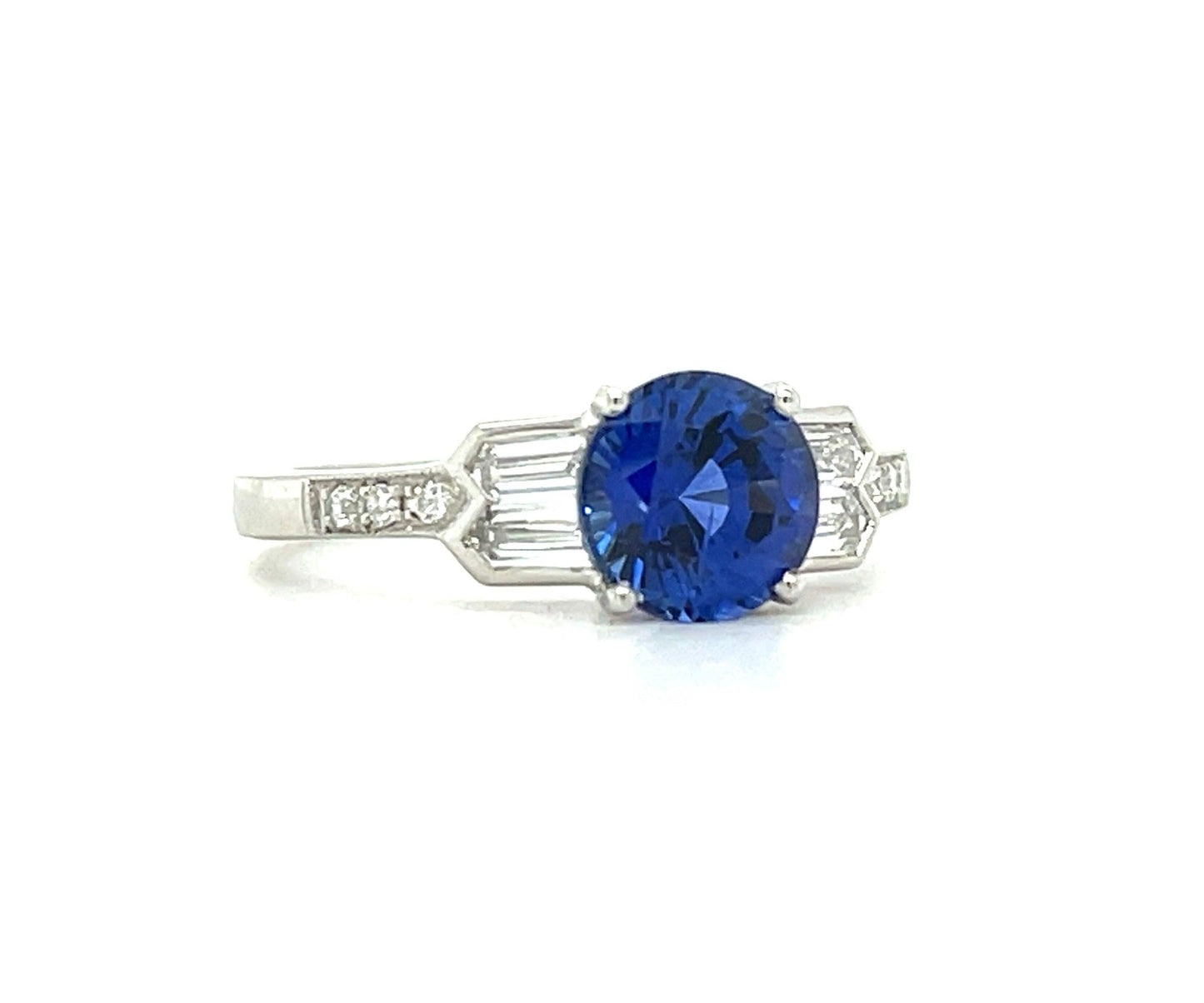 1.65ct Blue Sapphire .52ct Baguette/Round Brilliant Diamonds Platinum Ring