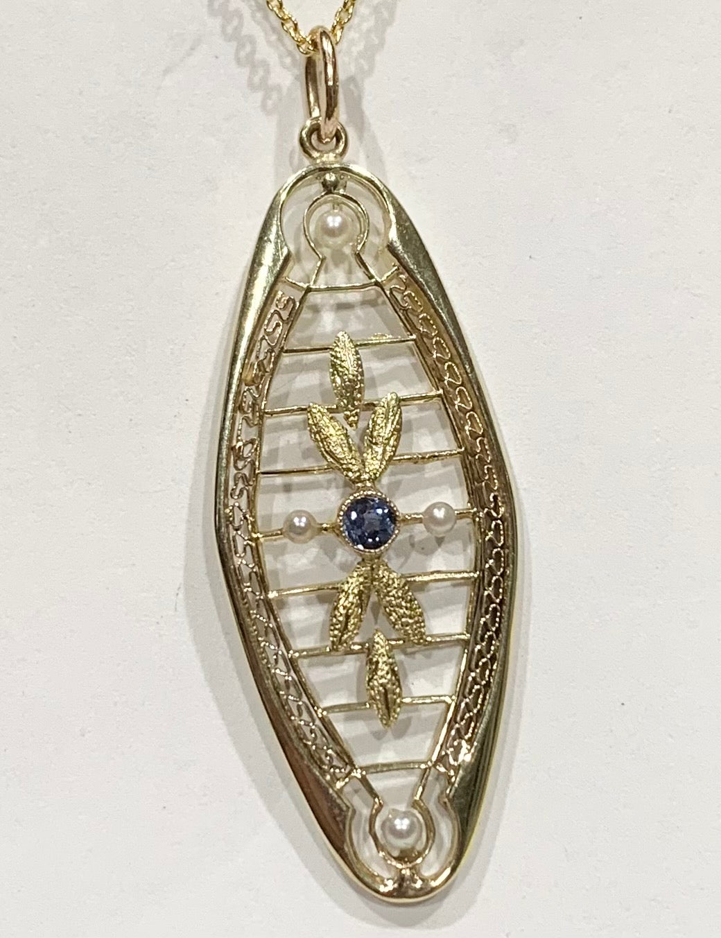 Art Nouveau 14K Sapphire & Pearl Pendant 3.5gr 0.15ct(sap) (Antique 1910s)