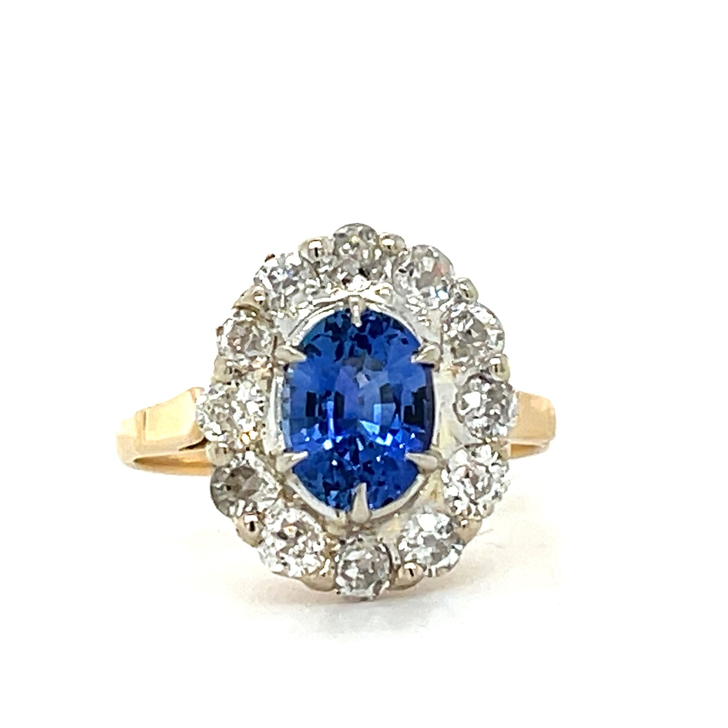 Victorian 1.42ct Blue Sapphire Oval shape Antique 14KY Ring (Circa 1880s) 1.44ct Old Mine Cut Diamonds