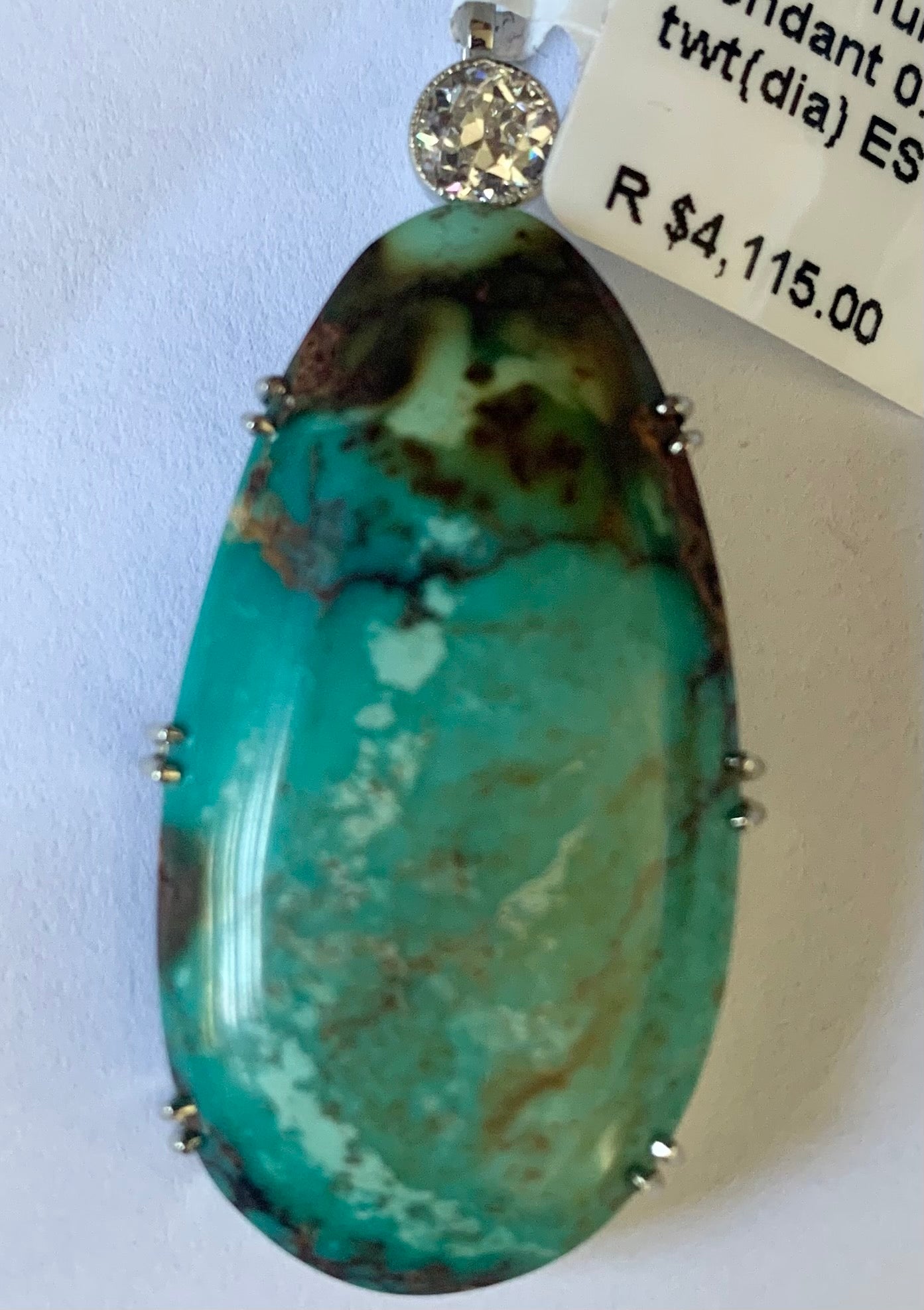 40ct Turquoise & .38ctw Diamond 14KY White Gold Pendant 8.58g Length 16