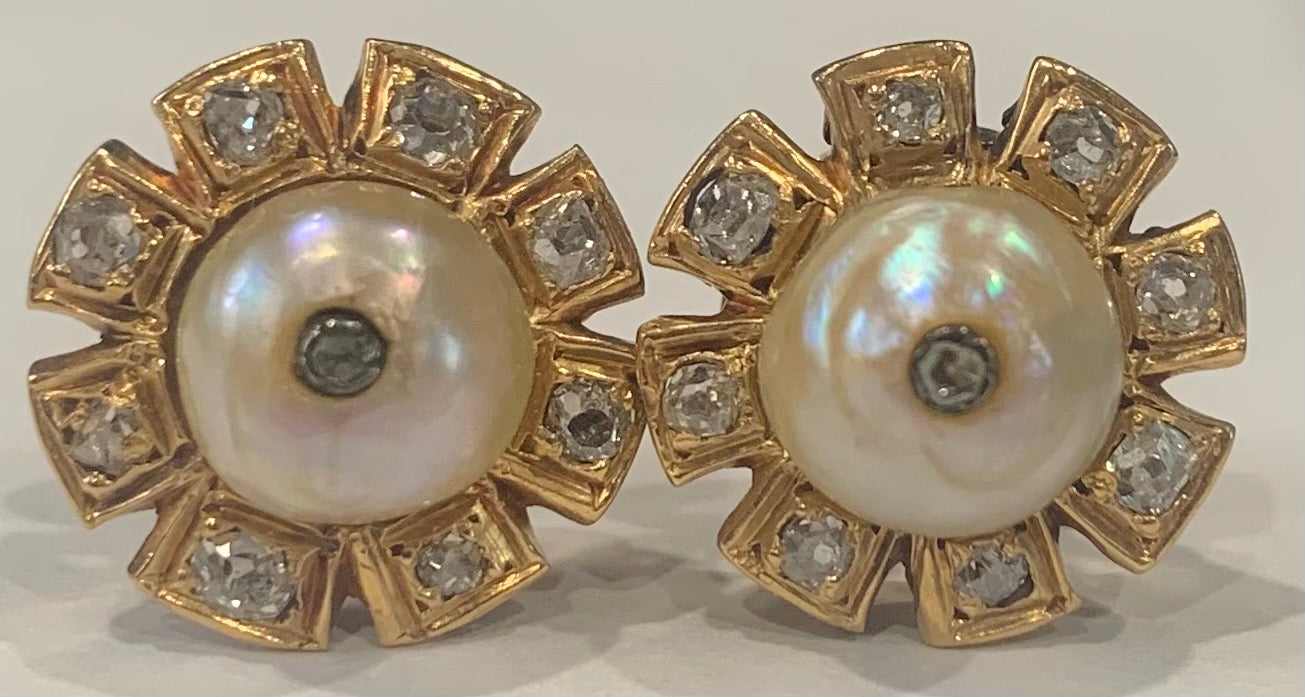 Pearl & 0.34ctw Diamond Old Miners Cut 18KY 6.20gr Victorian Earrings 1890s