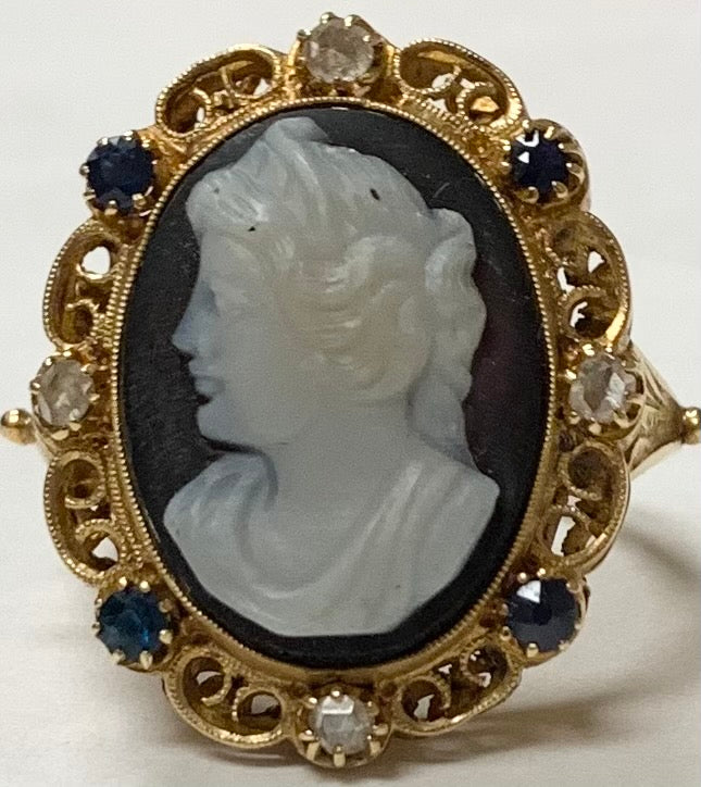 18K Cameo & Diamond Victorian Ring 7.4gr .20ct(dia) Rose Cut 1880s