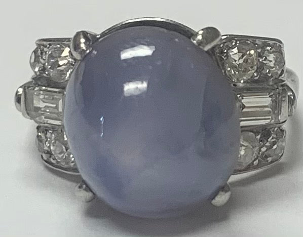 Art Deco 14.75ct Star Sapphire 1.10ct Diamond PT Ring (Vintage 1930s)