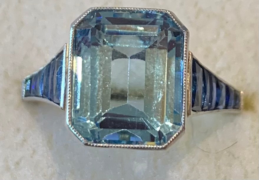 PL Aquamarine & Sapphire Ring 5.2gr 4.25ct(aq) 3.00ct twt(sap) ESTATE Size 6.5