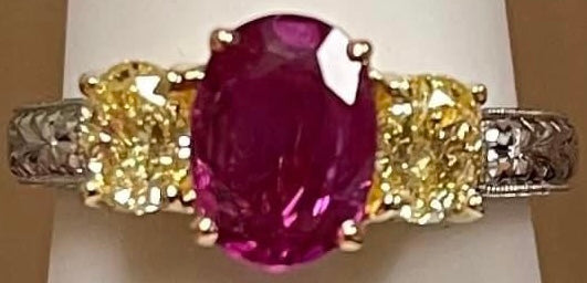 1.33ct Burma Unheated Rby .50ctw Fancy Yellow Dia PT18K 6.90gr Ring # 22055580