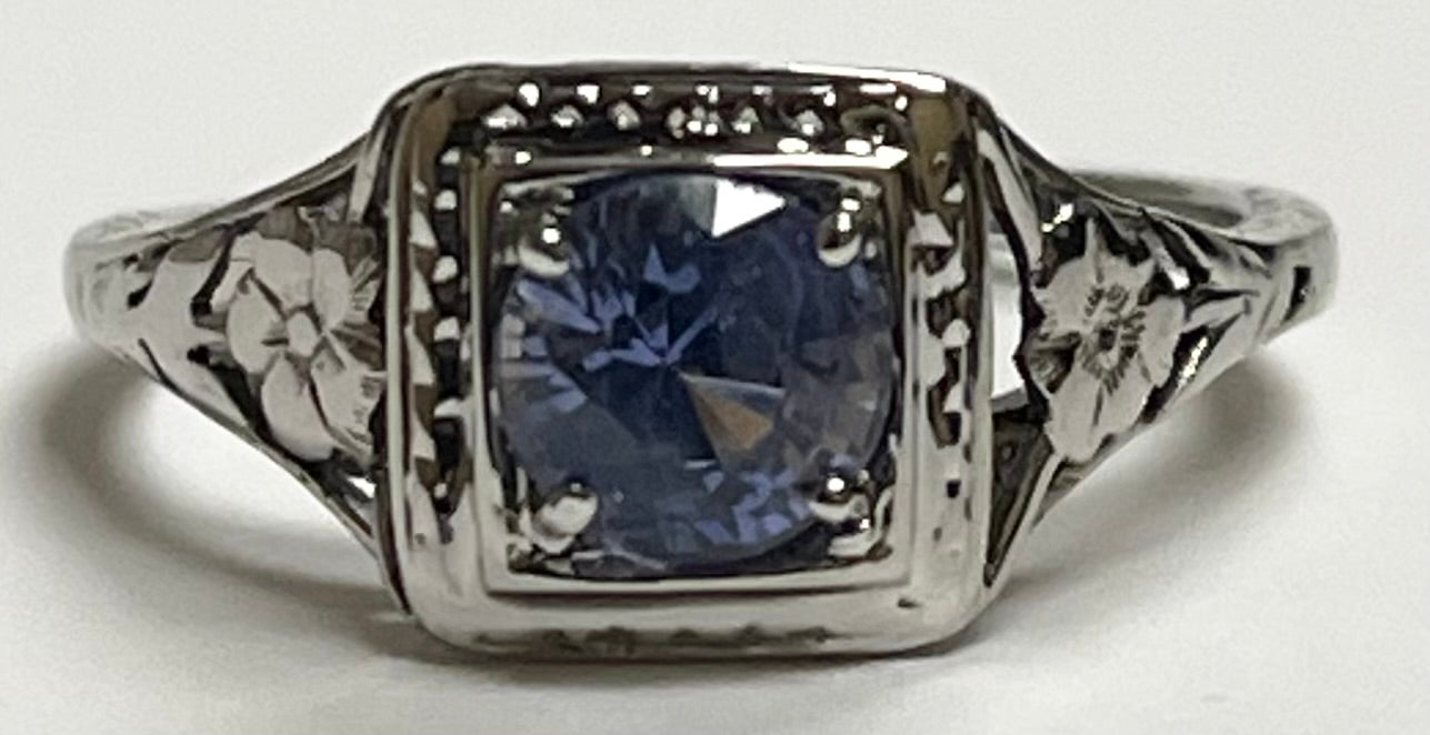 Art Deco 1ct Sap 18KW Ring 2.5gr (Vintage 1930s) ESTATE Size 6.25