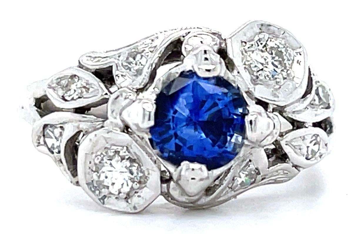 1.00ct Sapphire & 0.35ctw Diamond 14KY White Gold 4.50gr Ring 1940s