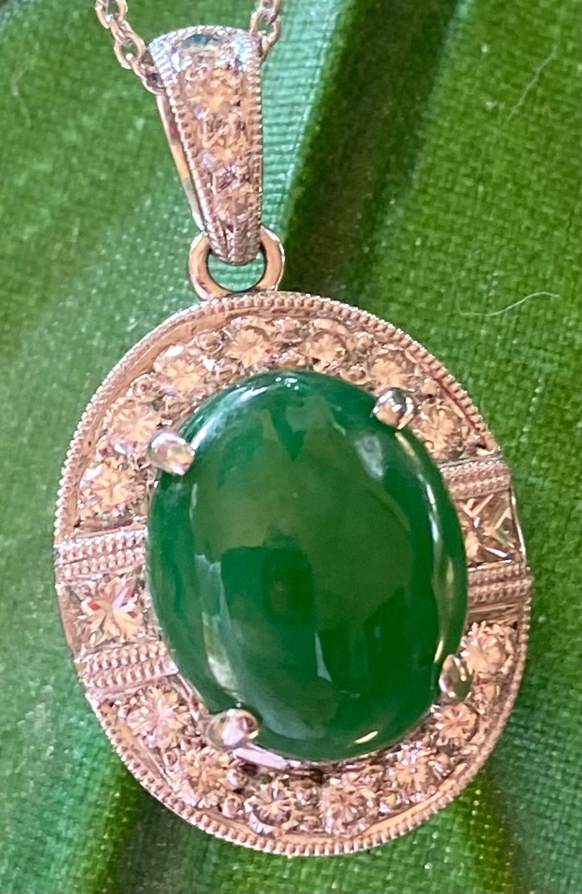 3.08ct Natural A Jade & 0.57ctw Diamond PT 5.40gr Pendant Chain 14k Gia