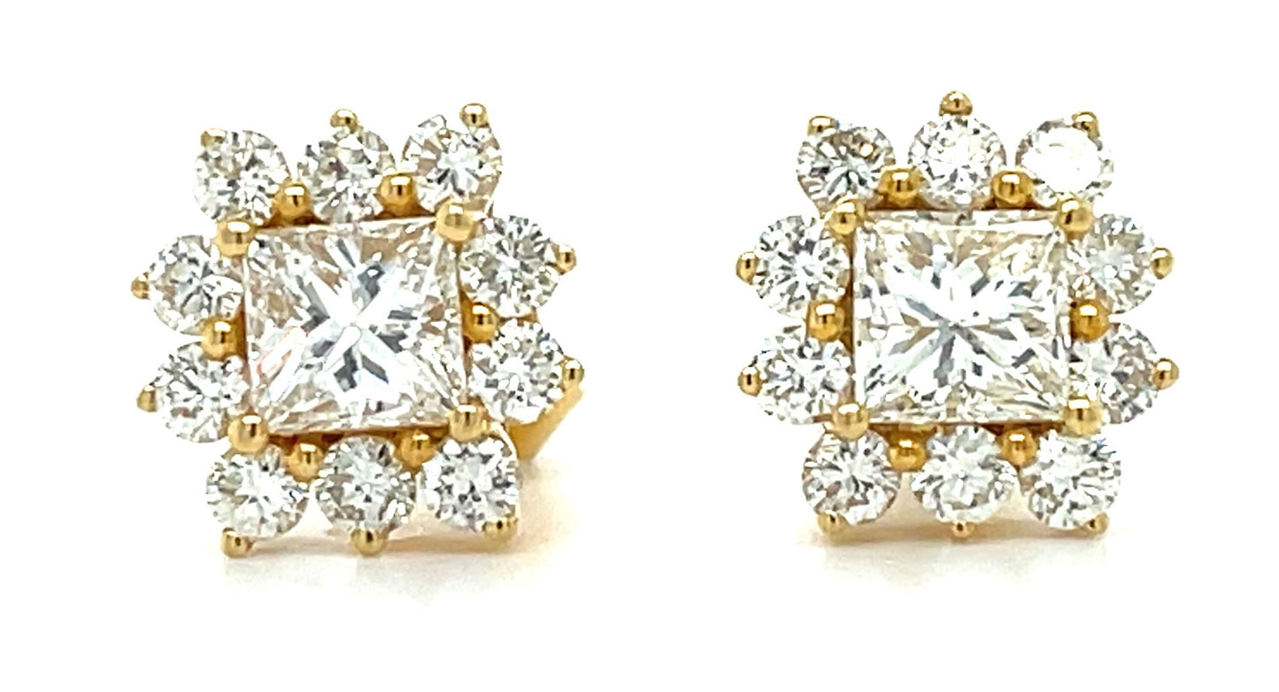 0.79ct Diamond Princess Cut 2 Stones 18KY 2.70gr Estate Stud Earrings .80ct SD