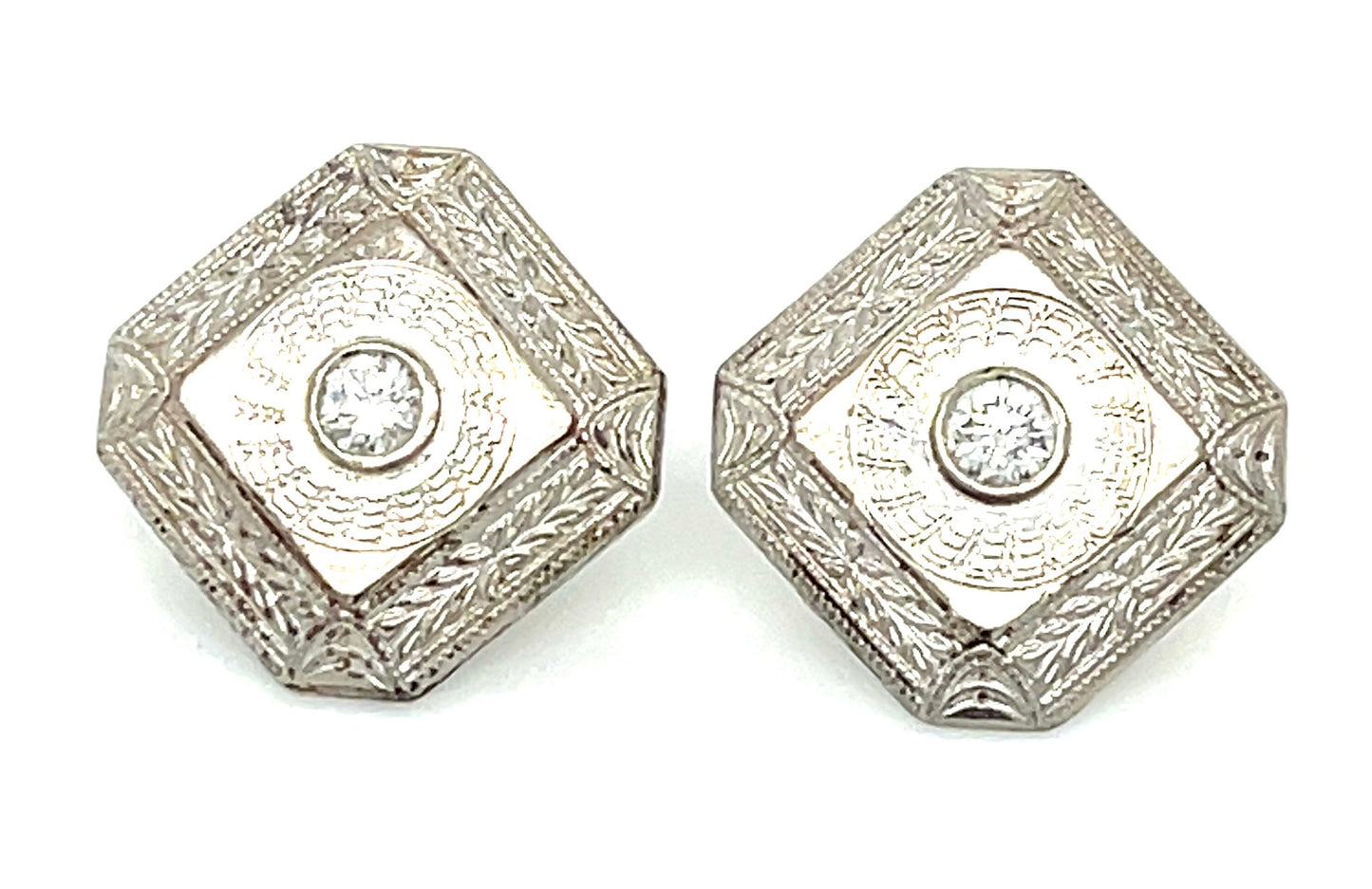 Estate 0.21ct Diamond 18KW 1.90gr Art Deco Earrings Circa 1920s