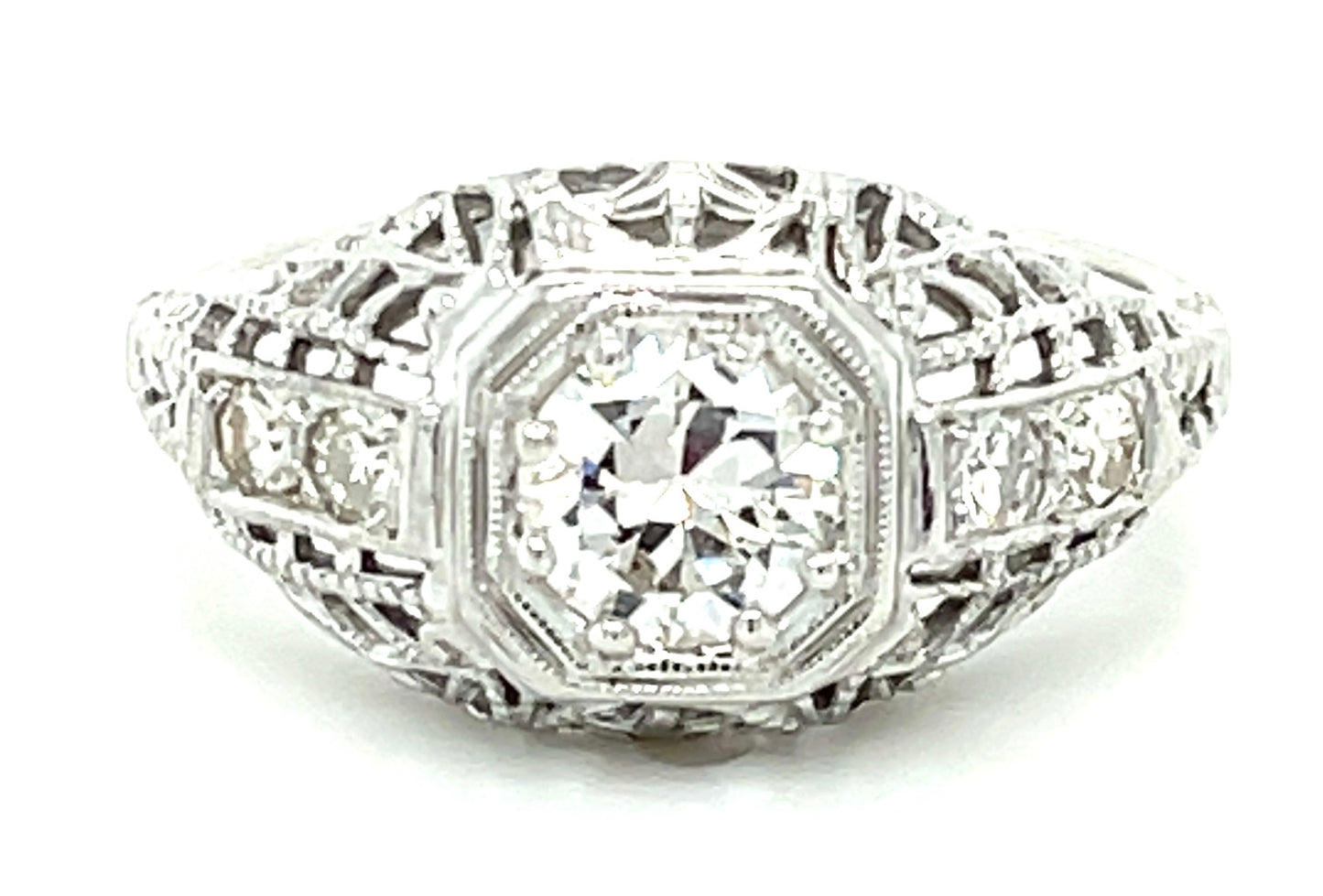 0.52ct European-cut Diamond 18KW  2.60gr Art Deco Ring Circa 1930s .12ct Sd