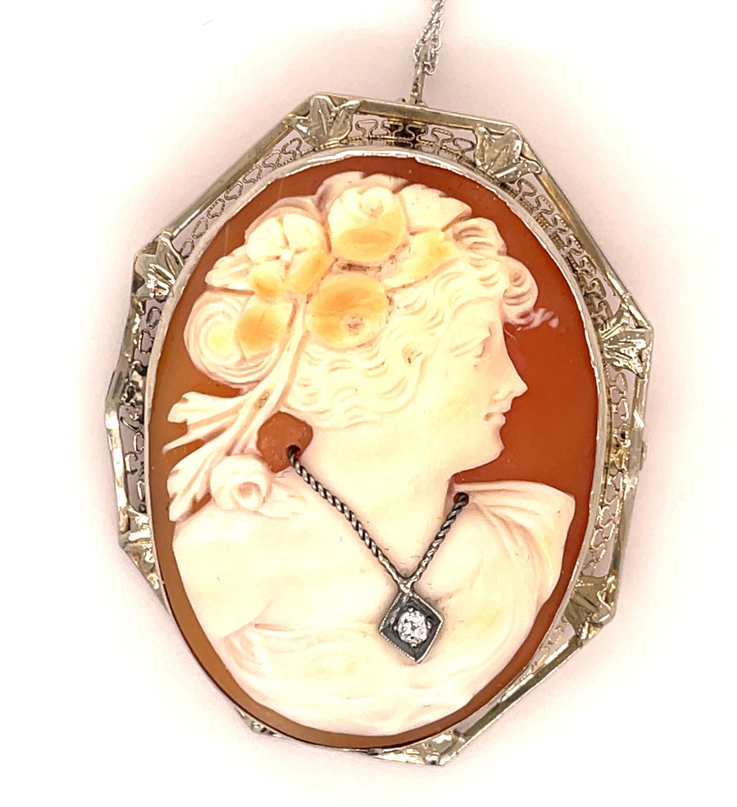 Art Deco Carved Cameo & .08ct Diamond 14KW Pendant (Vintage 1930s) 13g Length 16