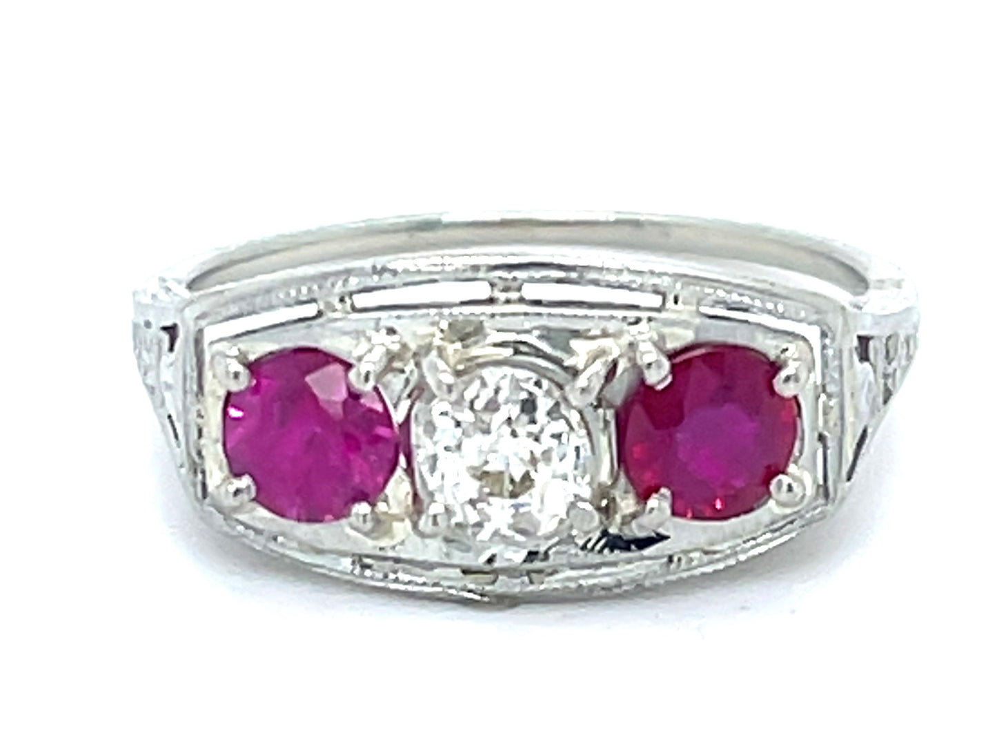 .30ct Diamond & 0.65ctw Ruby 14KW 2.18gr Art Deco Ring Circa 1930s