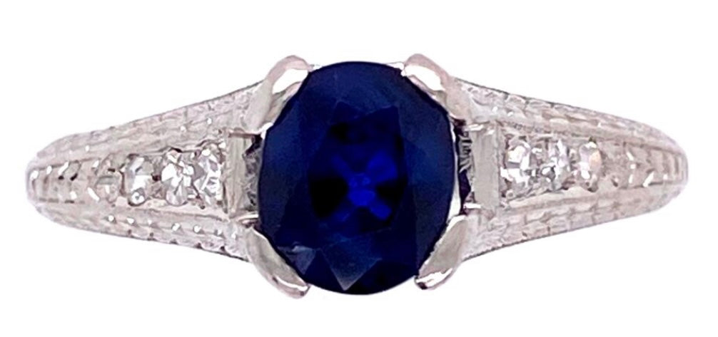 Art Deco 1.05ct Sapphire & 0.08ctw Diamond PT 3.60gr Ring Circa 1920s