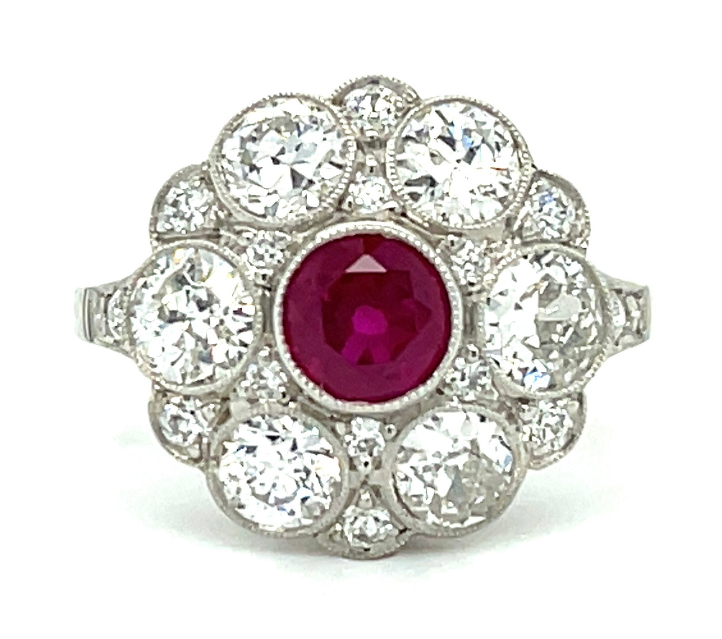 0.86ct Ruby & 1.52ctw Diamond 18 Stones PT 5.40gr Ring Size 7.25