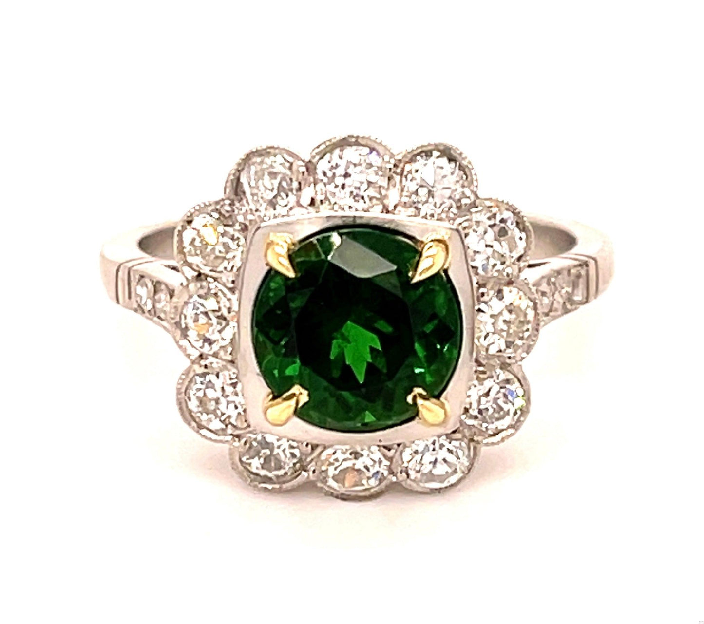 1.98ct Tsavorite Garnet 1ct Old European Cut Diamond Modern Handmade PT Ring