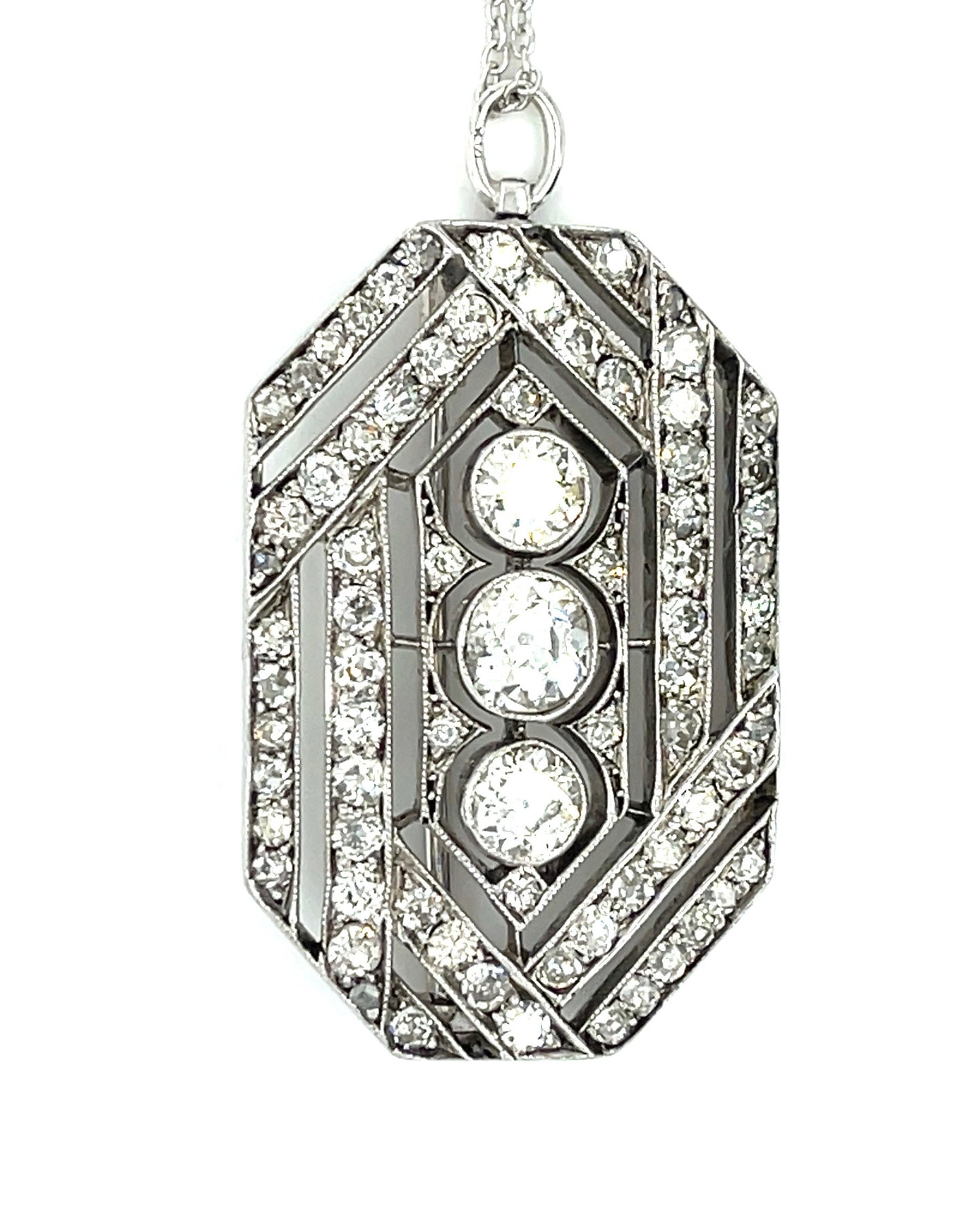 1.65ct Dia Euro 3 Stones 18KW 10.40gr Art Deco Pendant/brooch Circa 1920s 1.75c
